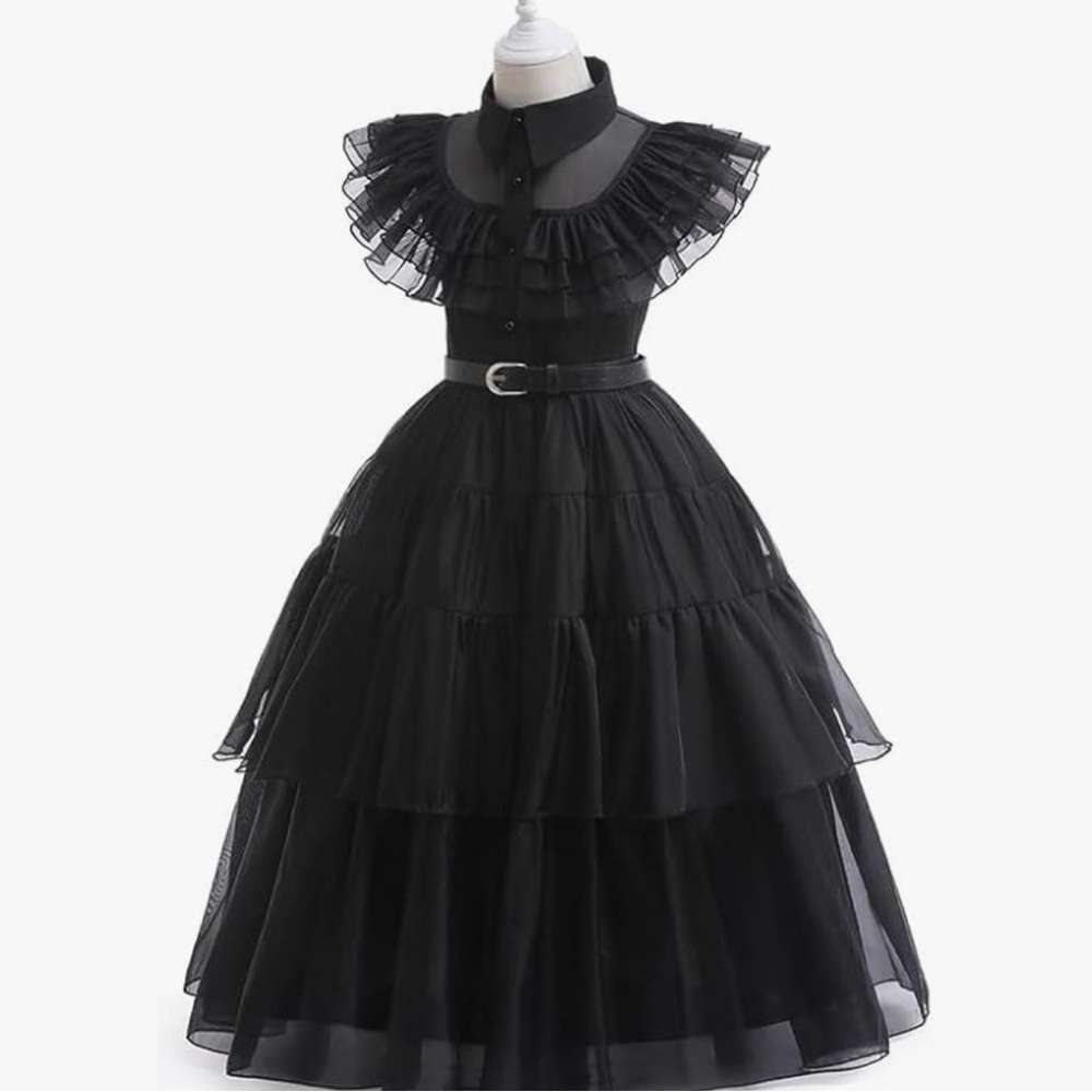 Wednesday Costume - Dress, Belt, Wig - Kids 10/12